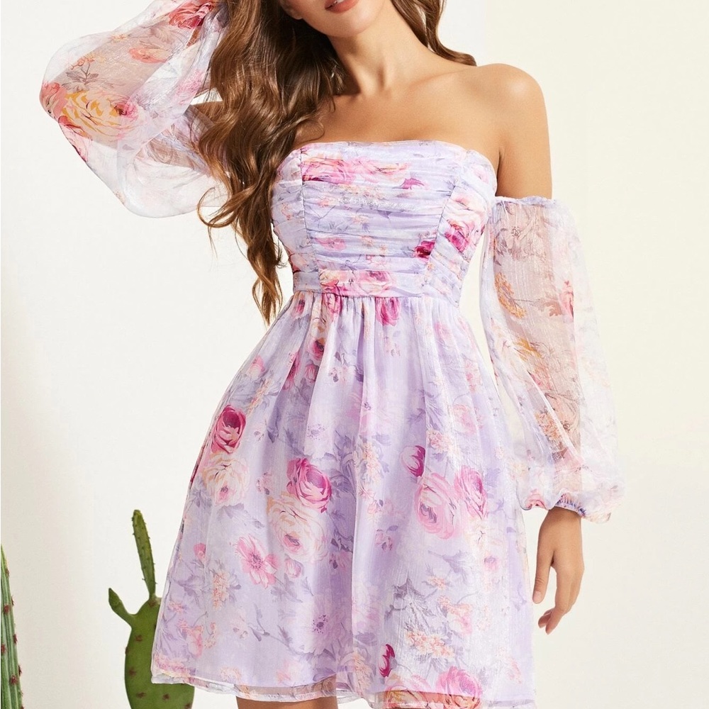 Lantern sleeve ruched bodice floral mesh dress